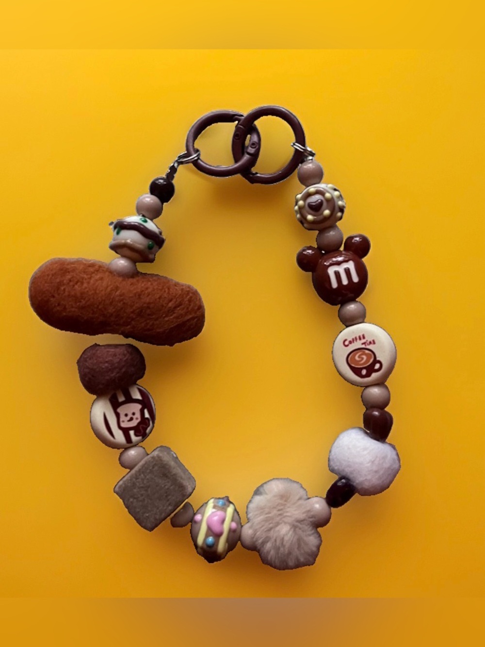 Handmade Foodie Beaded Bag Charm Keychain Coffee M&M Bread Donut Brown Kawaii